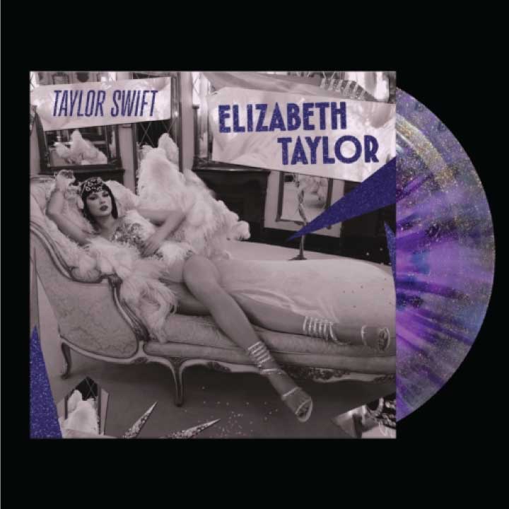 Album cover with a black and white photo of a woman on a couch, with 'Taylor Swift' and 'Elizabeth Taylor' text above.