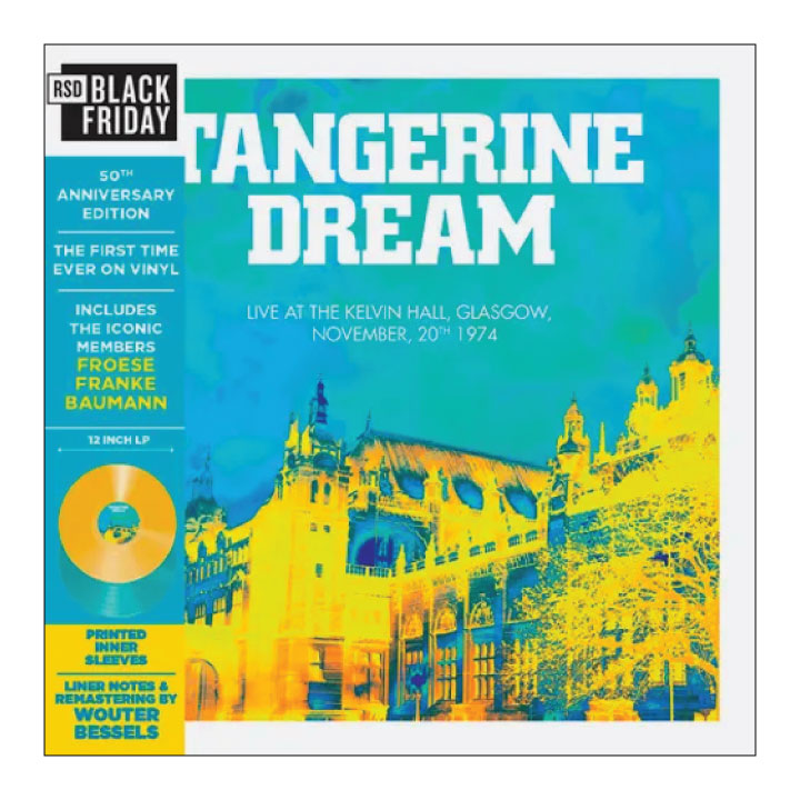 Album cover for Tangerine Dream live at the Kelvin Hall, Glasgow, featuring a blue and yellow color scheme.