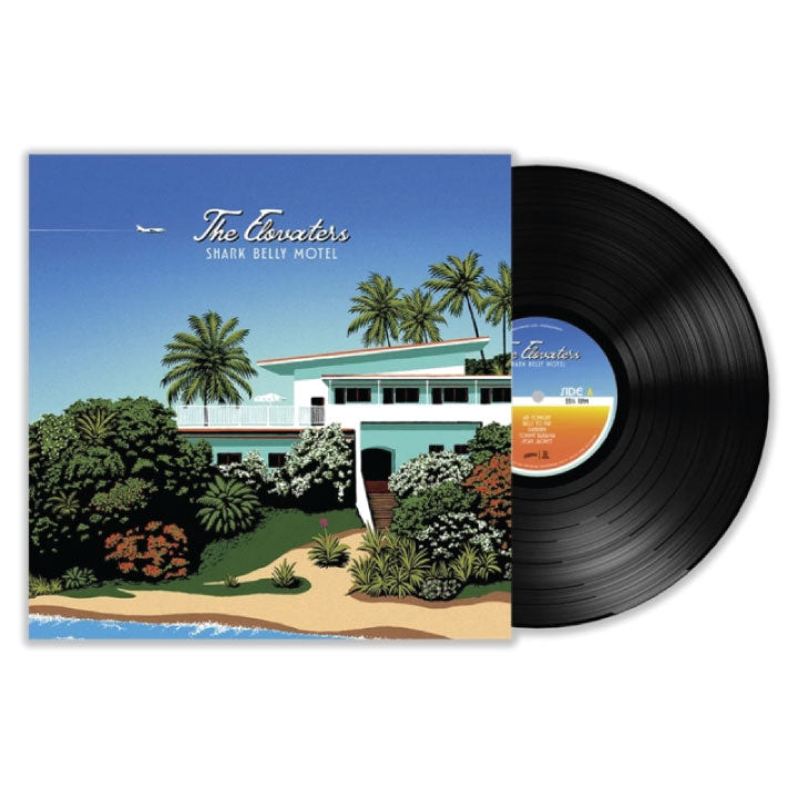 The Elevators 'Shark Belly Motel' vinyl record album, showing the illustrated album cover on the left and the black vinyl record partially visible on the right against a white background.