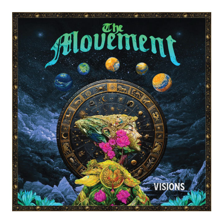 celestial and garden imagery with planets and flowers. a circle rune with head inside. text says the movement visions