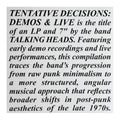 Text description of Talking Heads' 'Tentative Decisions: Demos & Live' album on a white background