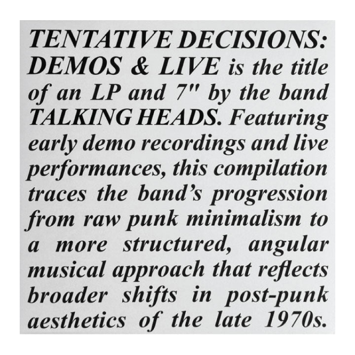 Text description of Talking Heads' 'Tentative Decisions: Demos & Live' album on a white background