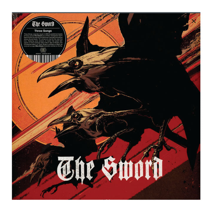 Vinyl record cover with a raven and 'The Sword' branding on an orange and red background.