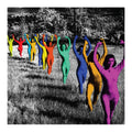 Colorful figures in a park with a black and white background