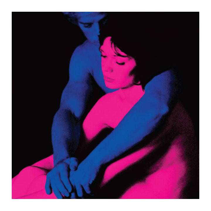 Two people sitting close together with one person holding hands, depicted in pink and blue on a black background.