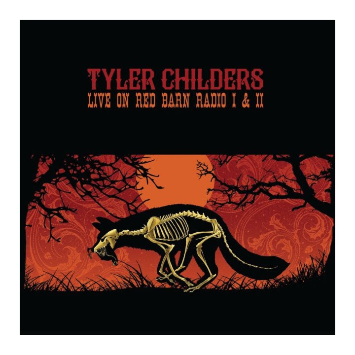 painting of a skeleton dog autumnal background. text tyler childers live on red barn radio
