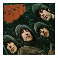 Album cover of 'Rubber Soul' by The Beatles with four band members and a forest background.