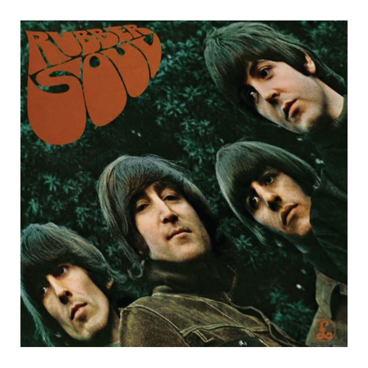 Album cover of 'Rubber Soul' by The Beatles with four band members and a forest background.