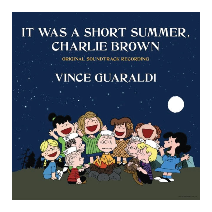 album cover of it was a short summer charlie brown by vince guaraldi featuring the jubilant peanuts outside at night. charlie brown looks upset.