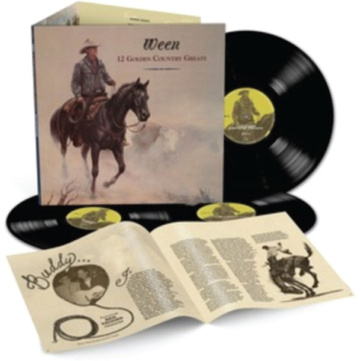 Vinyl record album set for 'Ween - 12 Golden Country Roads' with the illustrated album cover, two black LP records with yellow labels, and an open printed booklet on a white background.