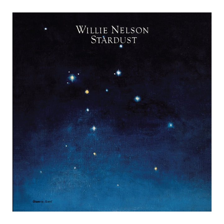 Square album cover for Willie Nelson's 'Stardust' featuring a dark blue and black starry night sky illustration with the artist and title text at the top.