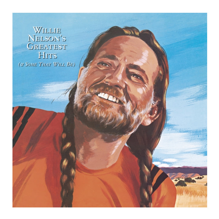 Album cover of 'Willie Nelson's Greatest Hits' with a portrait of Willie Nelson against a desert landscape.