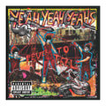 Album cover for Yeah Yeah Yeahs' 'Fever to Tell' featuring a highly stylized, colorful graffiti-style illustration of three band members in red outfits amidst red text and abstract street-art elements, with a Parental Advisory label in the lower-left corner.