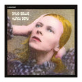David Bowie 'Hunky Dory' Vinyl Record album cover, featuring a close-up portrait of Bowie with yellow hair and a textured, grainy aesthetic, framed by a black border with the title and artist name visible.