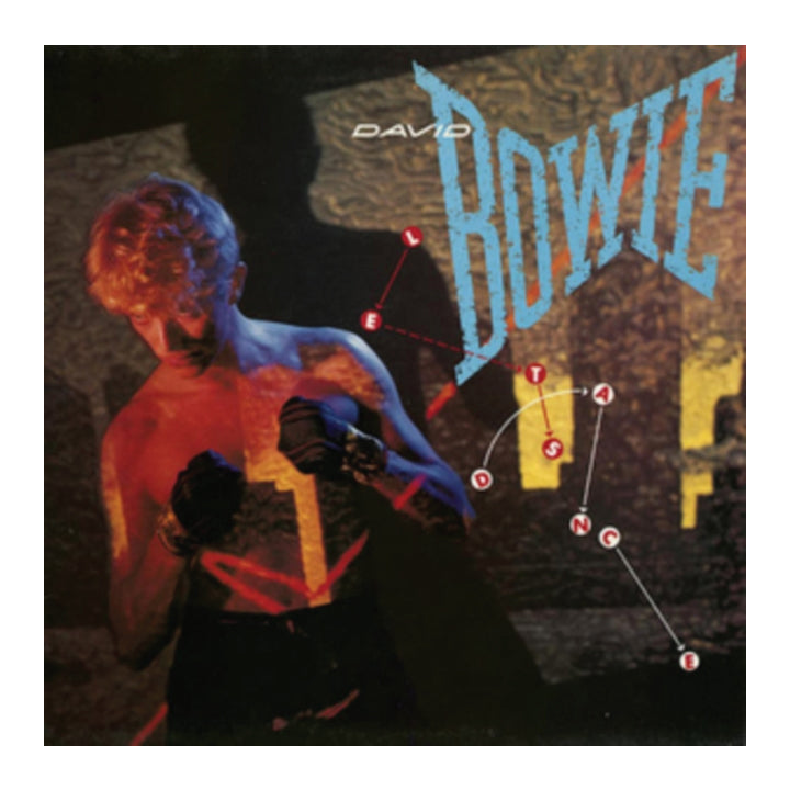 David Bowie vinyl record album cover. artwork featuring a shirtless man in boxing gloves with dramatic red and blue lighting, large blue 'BOWIE' text, and a dark textured background.