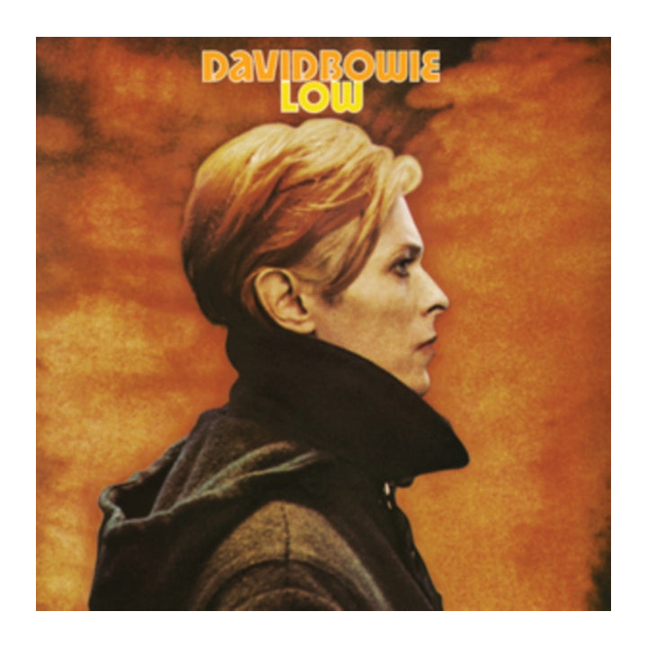David Bowie's vinyl record album cover for 'Low', featuring a stylized portrait of Bowie in profile against a textured orange and brown background, with the album title and artist name in yellow text at the top.