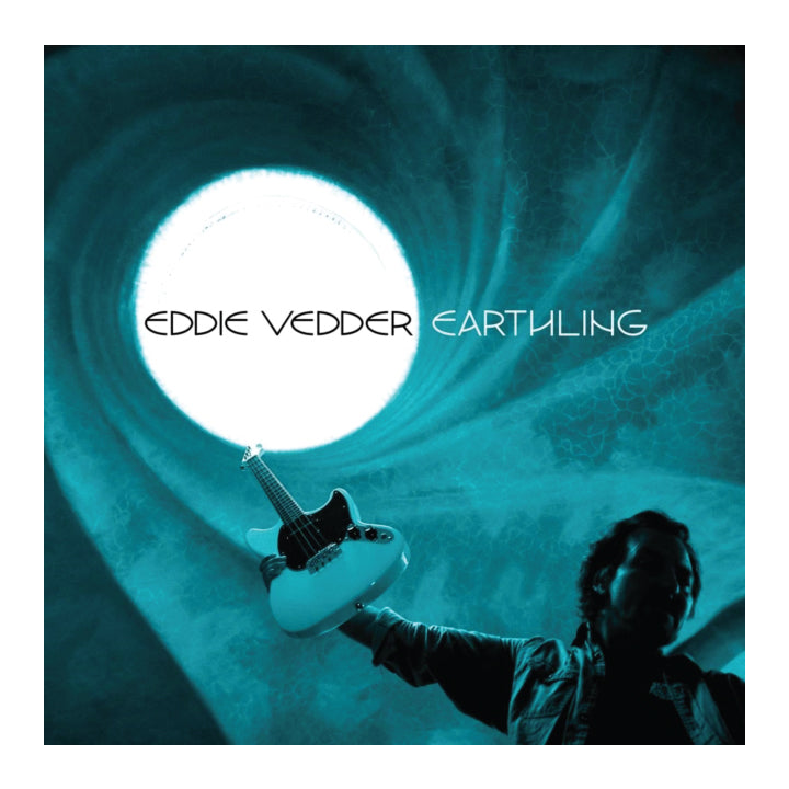 Vinyl record album cover for Eddie Vedder's 'Earthling', featuring a dark teal circular tunnel with a bright white opening, a white electric guitar, and a silhouetted figure in the lower right corner.
