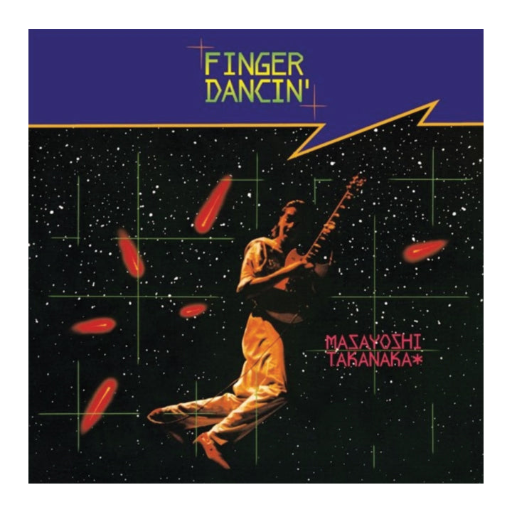 Vinyl Record cover for 'Finger Dancin'' by Masayoshi Taganaka, featuring a stylized illustration of a dancer floating in space with red streaks against a starry black background and a purple header.