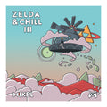 A stylized illustrated vinyl record album cover reading 'ZELDA & CHILL III' at the top and 'MIKEL' at the bottom left, featuring a floating dark gray mechanical object with pink clouds and red landscape shapes beneath it on a blue-to-tan gradient background.