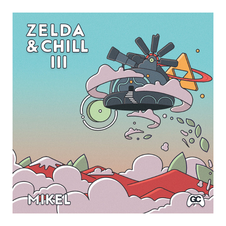 A stylized illustrated vinyl record album cover reading 'ZELDA & CHILL III' at the top and 'MIKEL' at the bottom left, featuring a floating dark gray mechanical object with pink clouds and red landscape shapes beneath it on a blue-to-tan gradient background.
